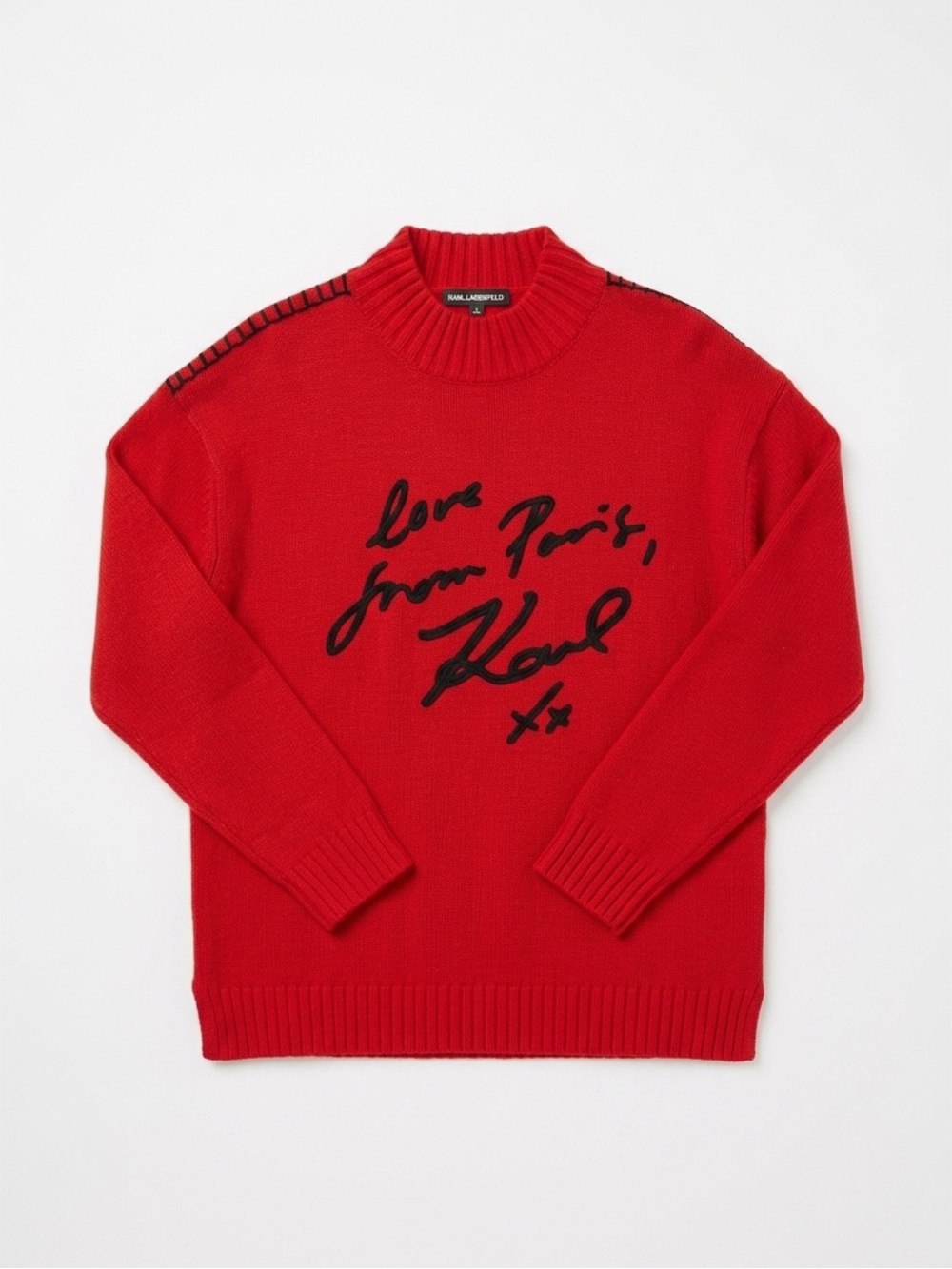 Karl Lagerfeld Red Knit Crewneck Sweater with Black Script